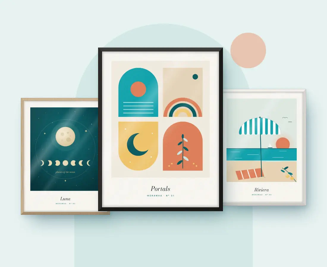 Morawaa framed art prints Luna, Portals and Riviera