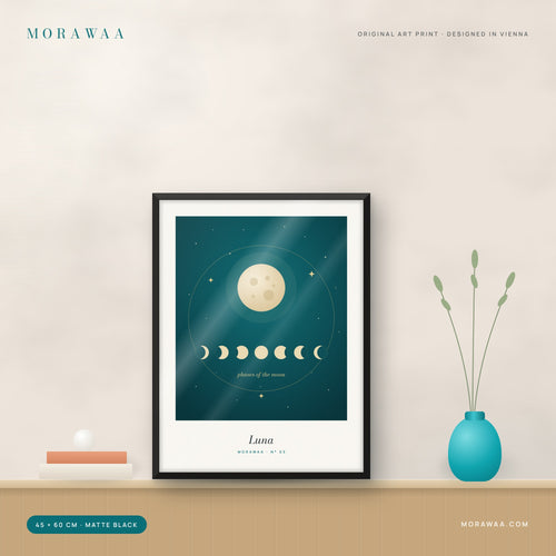 Luna moon phases framed art print in a matte black frame