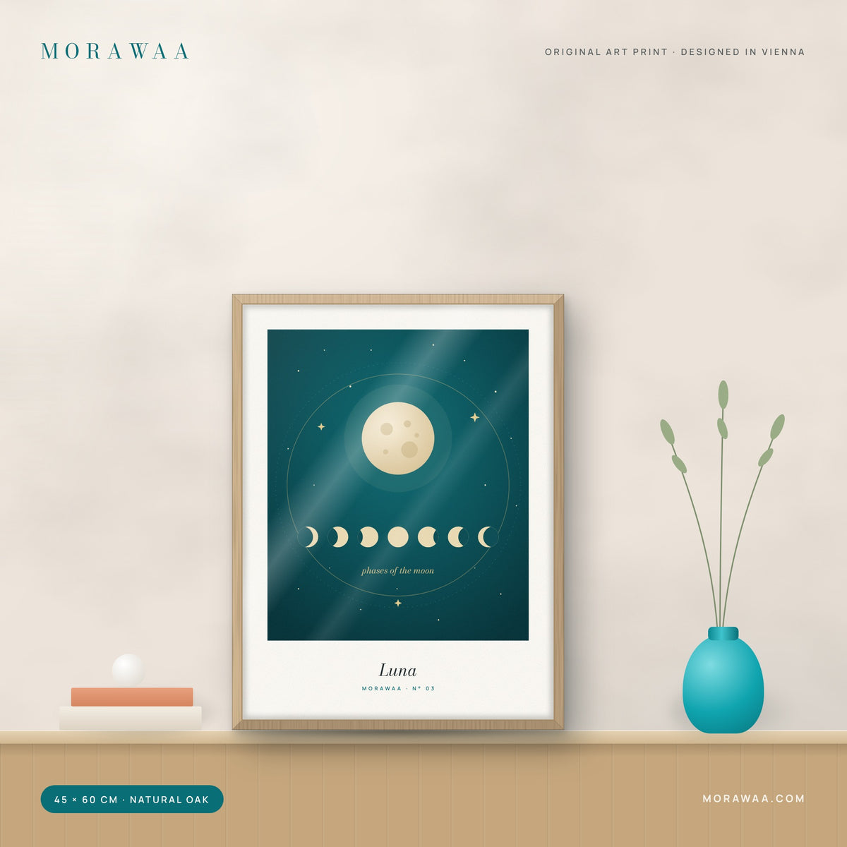 Luna moon phases framed art print in a natural oak frame