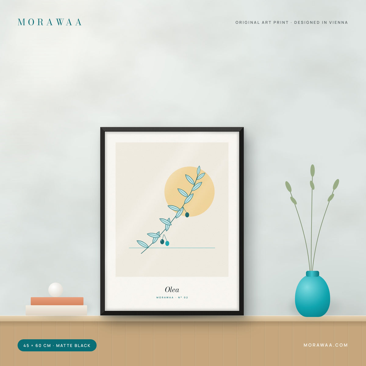 Olea botanical framed art print in a matte black frame