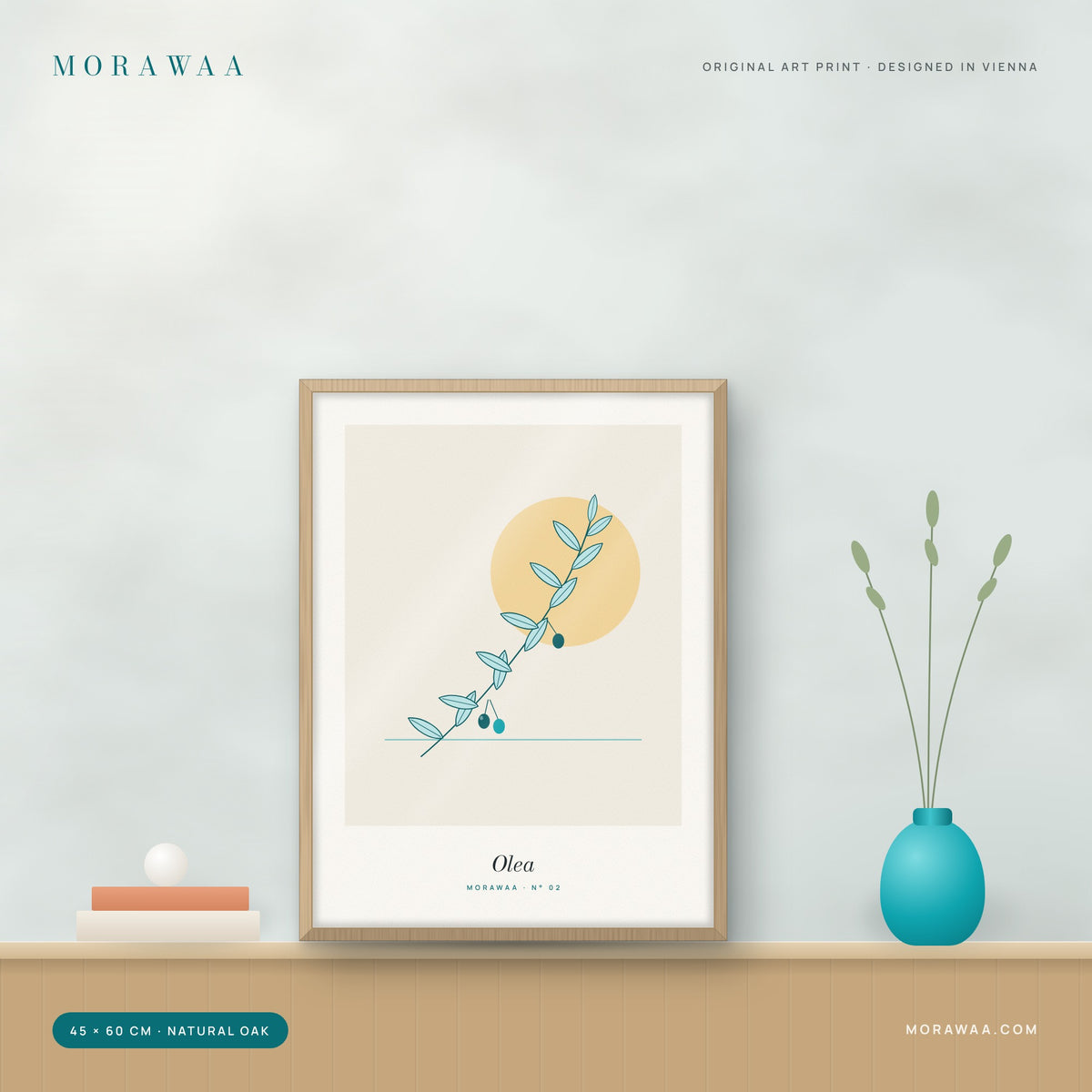 Olea botanical framed art print in a natural oak frame