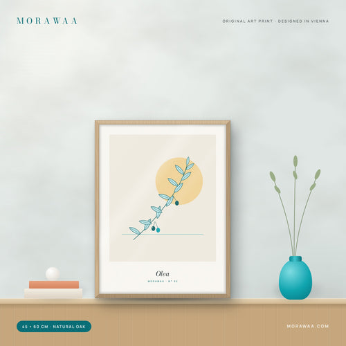 Olea botanical framed art print in a natural oak frame