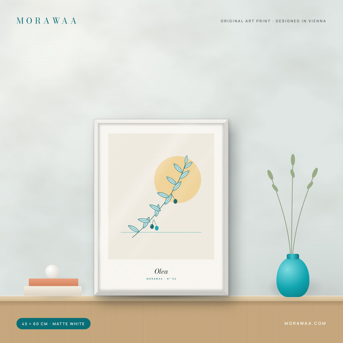 Olea botanical framed art print in a matte white frame