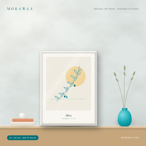 Olea botanical framed art print in a matte white frame