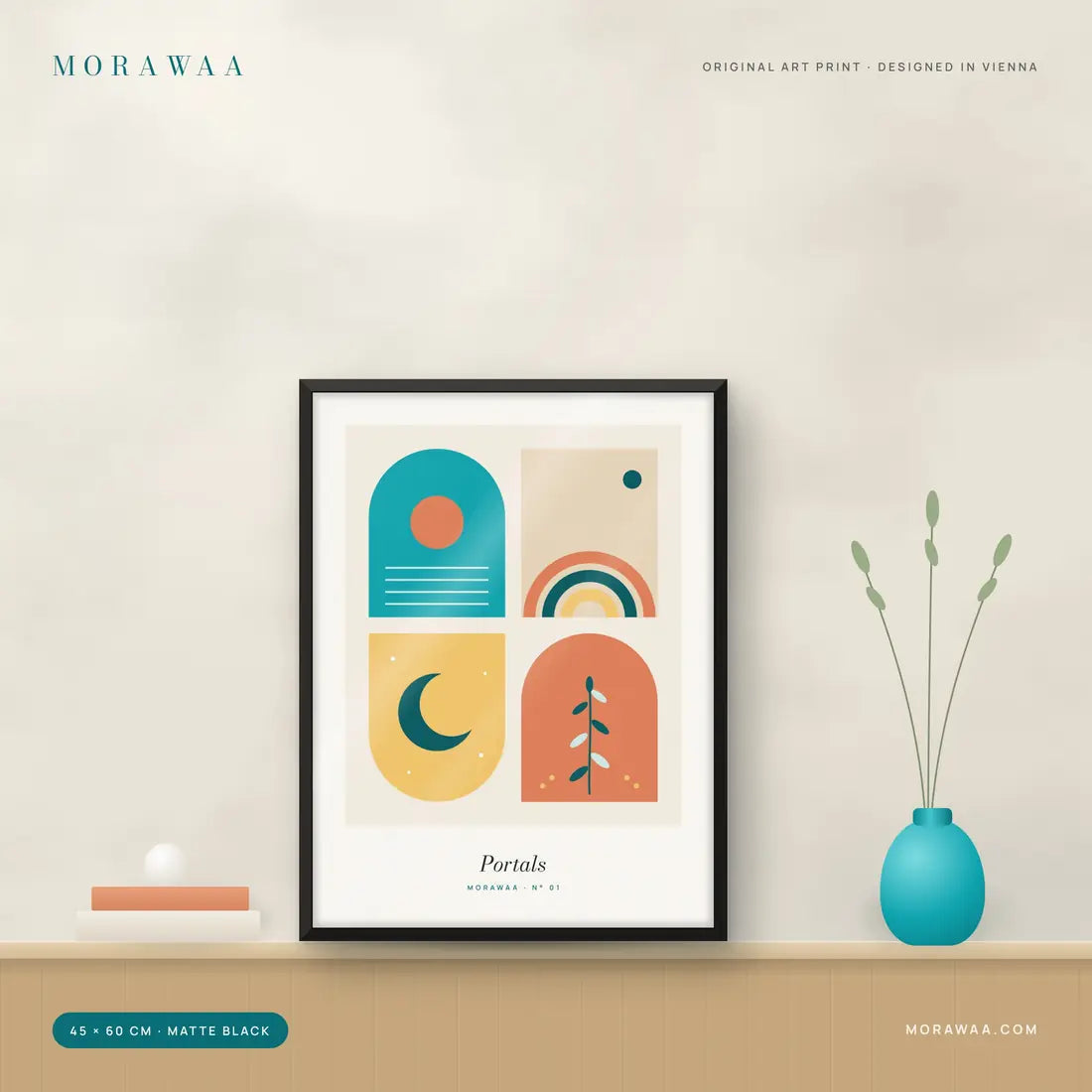 Portals Mid-Century Framed Art Print in a matte black frame