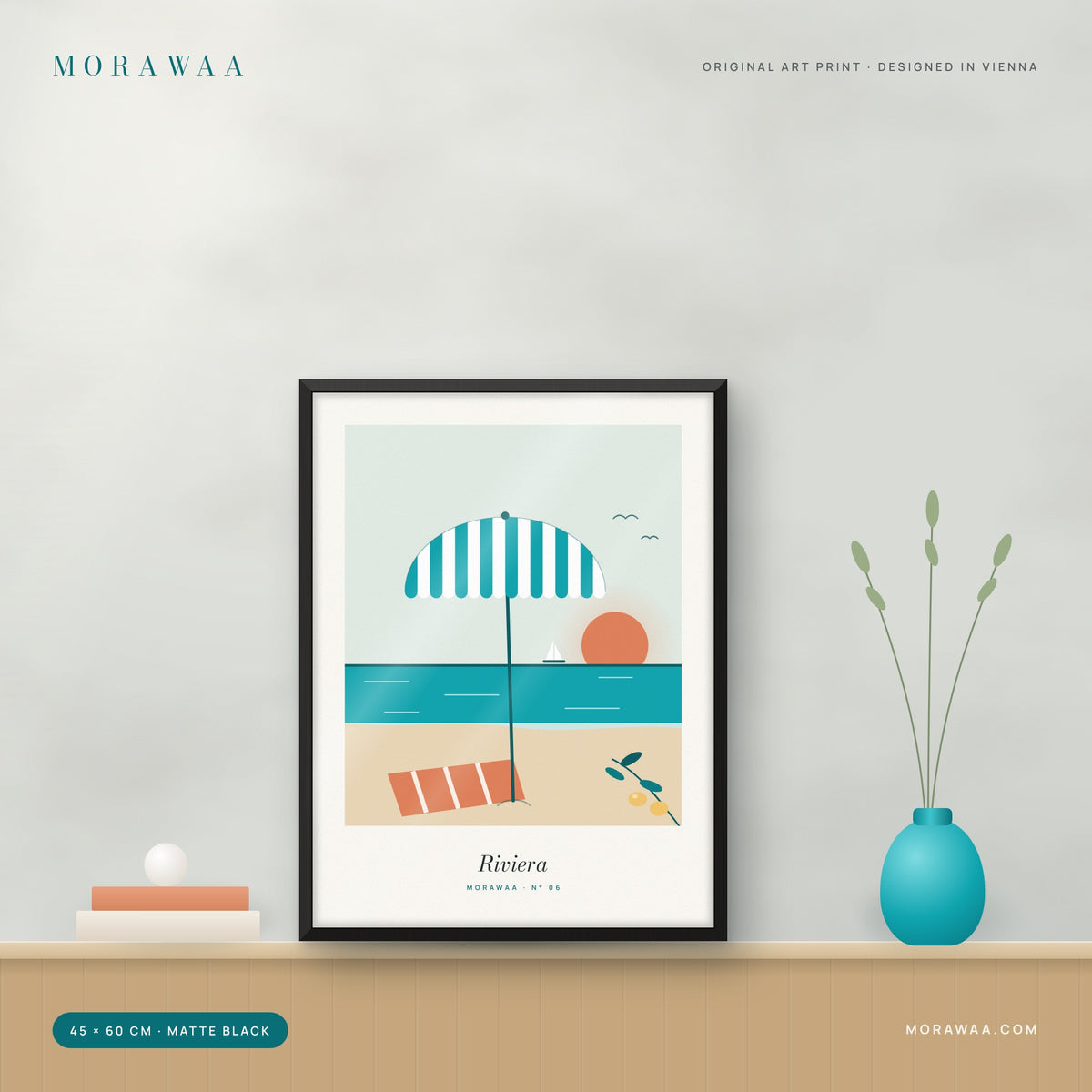 Riviera seaside framed art print in a matte black frame