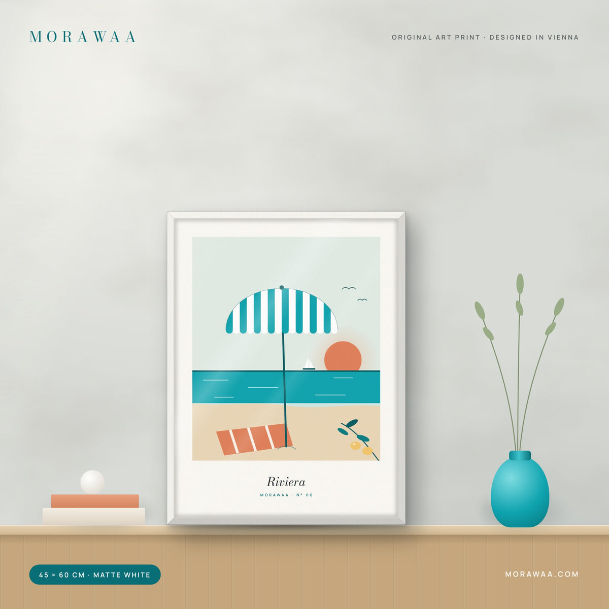 Riviera seaside framed art print in a matte white frame
