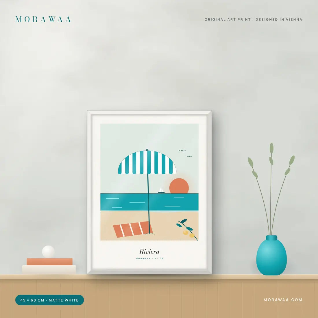 Riviera Seaside Framed Art Print in a matte white frame